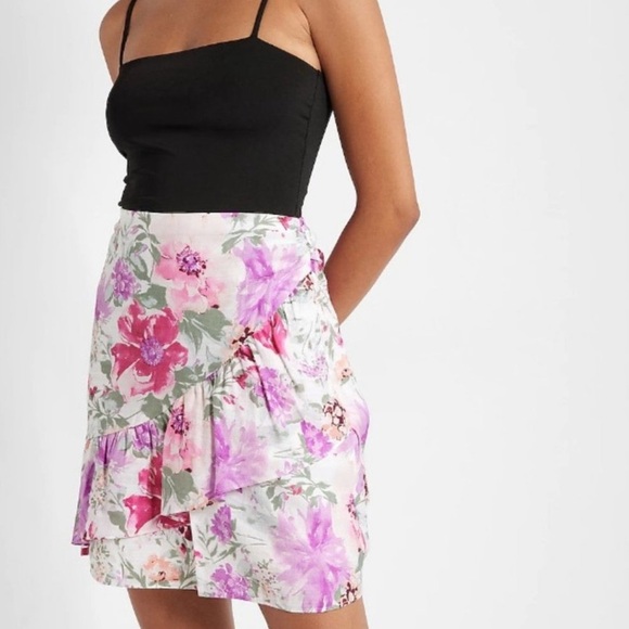 Express High Waisted Floral Asymmetrical Ruffle Mini Skirt - Picture 2 of 9
